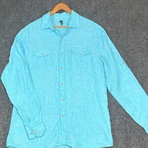 Ocean & Coast Button Down Shirt Mens Large Blue 100% Linen Roll Tab Sleeve